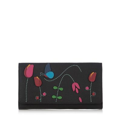 Black butterfly and flower applique large flapover purse